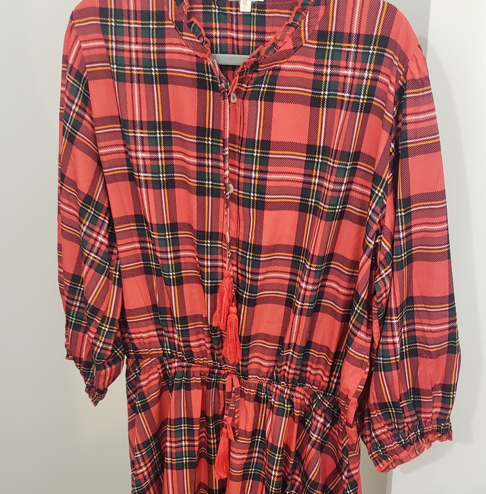 Gorgeous Red Plaid Long Sleeve Midi Dress